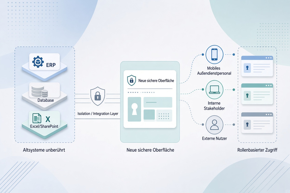 Diagramm: Unberührte Altsysteme (ERP, Datenbank, Excel/SharePoint) werden über eine Isolations- und Integrationsschicht an eine neue, sichere Oberfläche angebunden, die rollenbasierten Zugriff für mobiles Außendienstpersonal, interne Stakeholder und externe Nutzer bereitstellt.