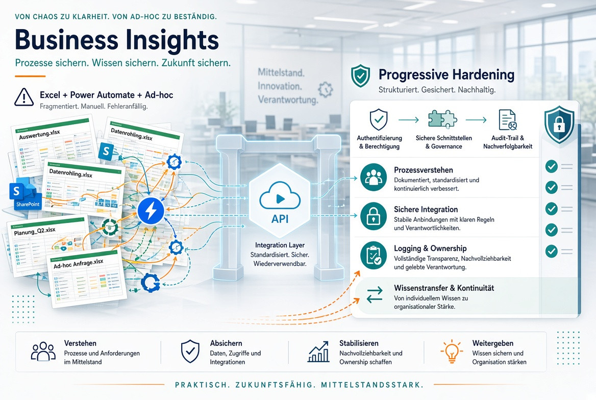 Infografik: Fragmentierte Excel-, SharePoint- und Power-Automate-Workflows werden über eine standardisierte Integrationsschicht schrittweise gehärtet - mit Authentifizierung, sicheren Schnittstellen, Audit-Trail und Wissenstransfer.